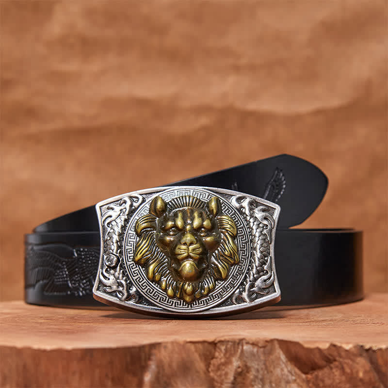 Cintura in pelle con coltello pieghevole nascosto con leone d'oro fai da te da uomo