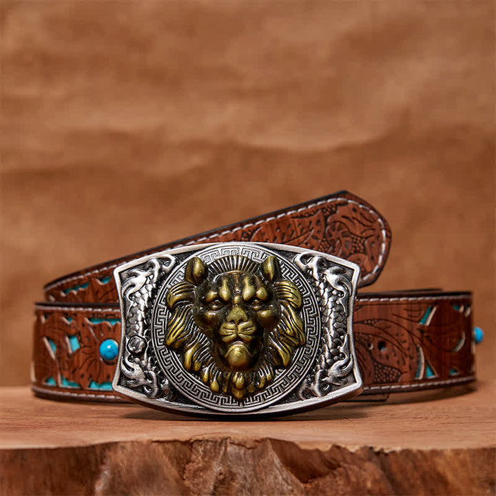 Cintura in pelle con coltello pieghevole nascosto con leone d'oro fai da te da uomo