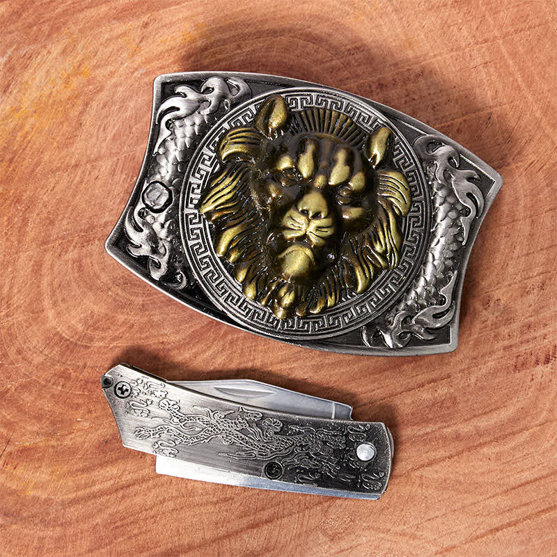 Cintura in pelle con coltello pieghevole nascosto con leone d'oro fai da te da uomo