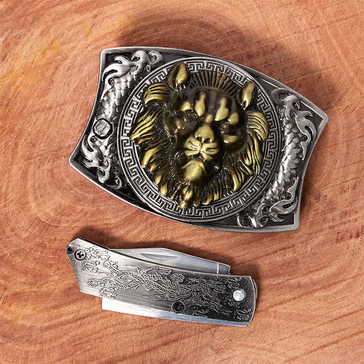 Cintura in pelle con coltello pieghevole nascosto con leone d'oro fai da te da uomo