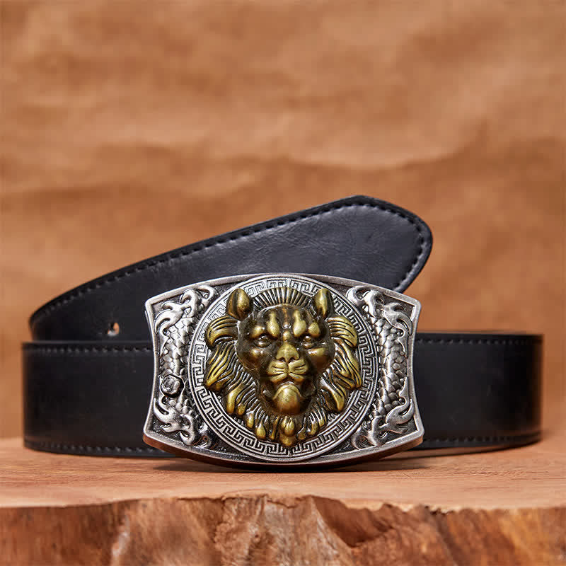 Cintura in pelle con coltello pieghevole nascosto con leone d'oro fai da te da uomo