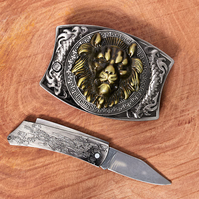Cintura in pelle con coltello pieghevole nascosto con leone d'oro fai da te da uomo