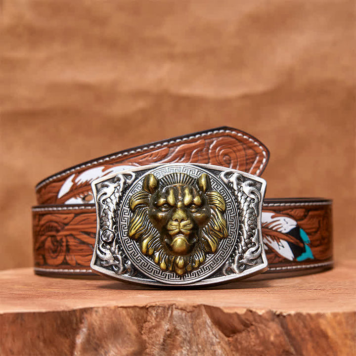 Cintura in pelle con coltello pieghevole nascosto con leone d'oro fai da te da uomo