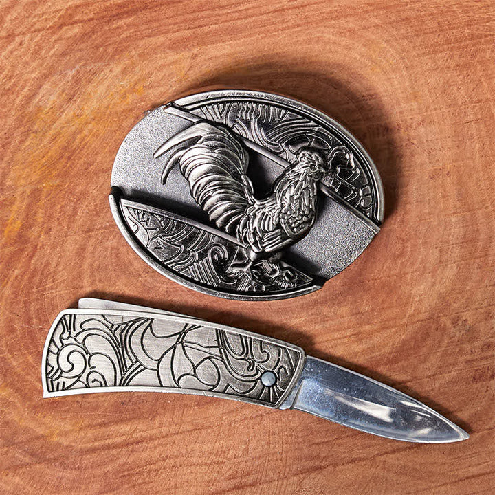 Cintura in pelle con coltello pieghevole nascosto fai da te a forma di gallo da uomo