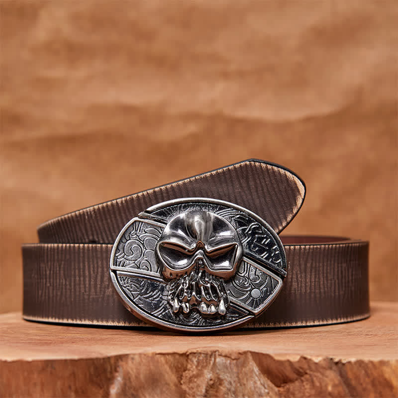Cintura in pelle con coltello pieghevole nascosto a forma di teschio fai da te da uomo - Testa del teschio - Cintura marrone anticata - 42 - image 8