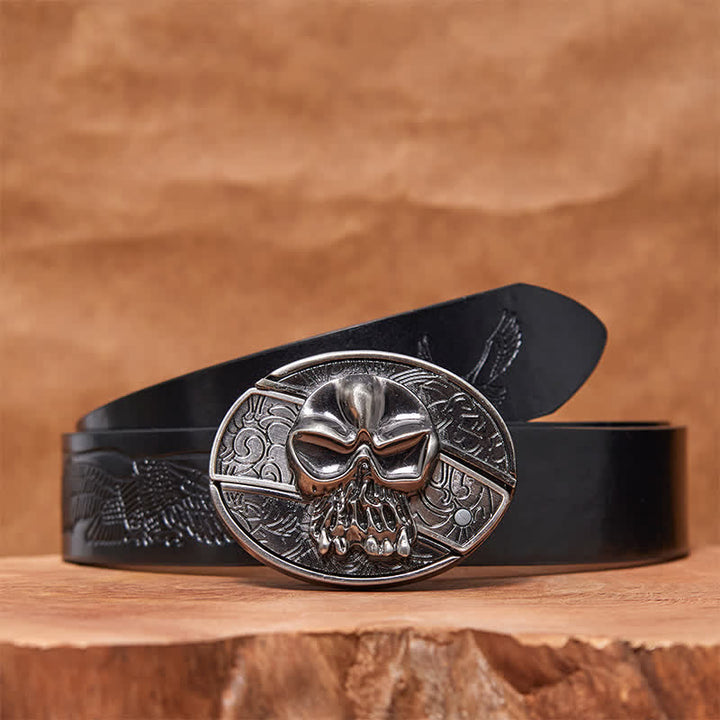 Cintura in pelle con coltello pieghevole nascosto a forma di teschio fai da te da uomo - Testa del teschio - Cintura con aquila in rilievo nera - 42 - image 6