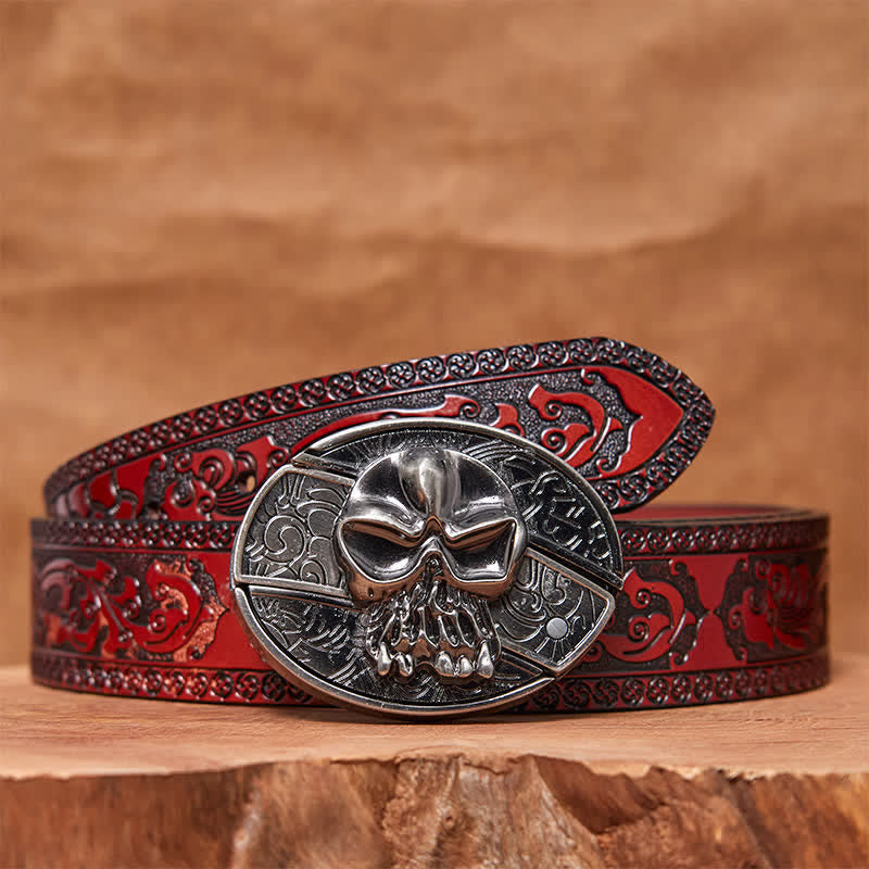 Cintura in pelle con coltello pieghevole nascosto a forma di teschio fai da te da uomo - Testa del teschio - Cintura marrone intagliata - 42 - image 7