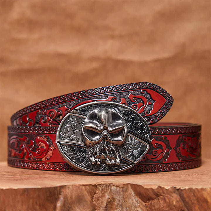 Cintura in pelle con coltello pieghevole nascosto a forma di teschio fai da te da uomo - Testa del teschio - Cintura marrone intagliata - 42 - image 7
