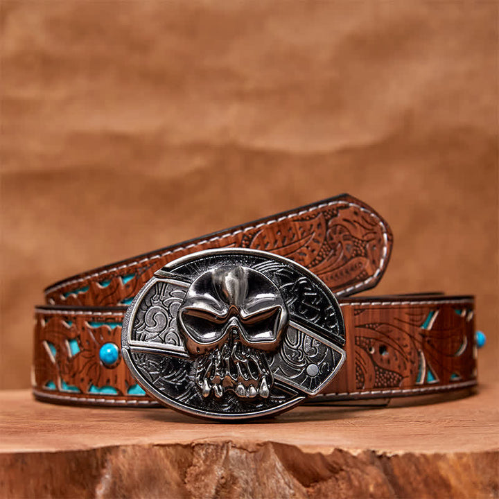 Cintura in pelle con coltello pieghevole nascosto a forma di teschio fai da te da uomo - Testa del teschio - Cintura intagliata turchese - 42 - image 5