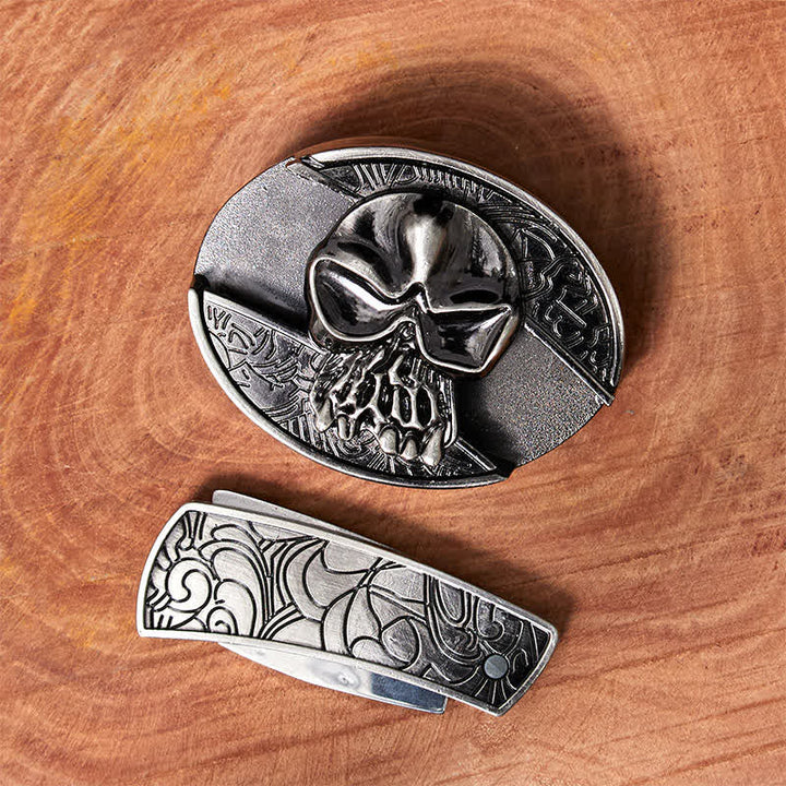 Cintura in pelle con coltello pieghevole nascosto a forma di teschio fai da te da uomo