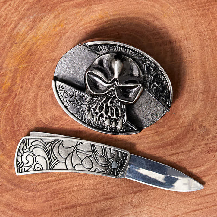 Cintura in pelle con coltello pieghevole nascosto a forma di teschio fai da te da uomo