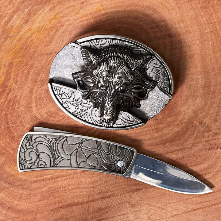 Cintura in pelle con coltello pieghevole nascosto a forma di testa di lupo fai da te da uomo