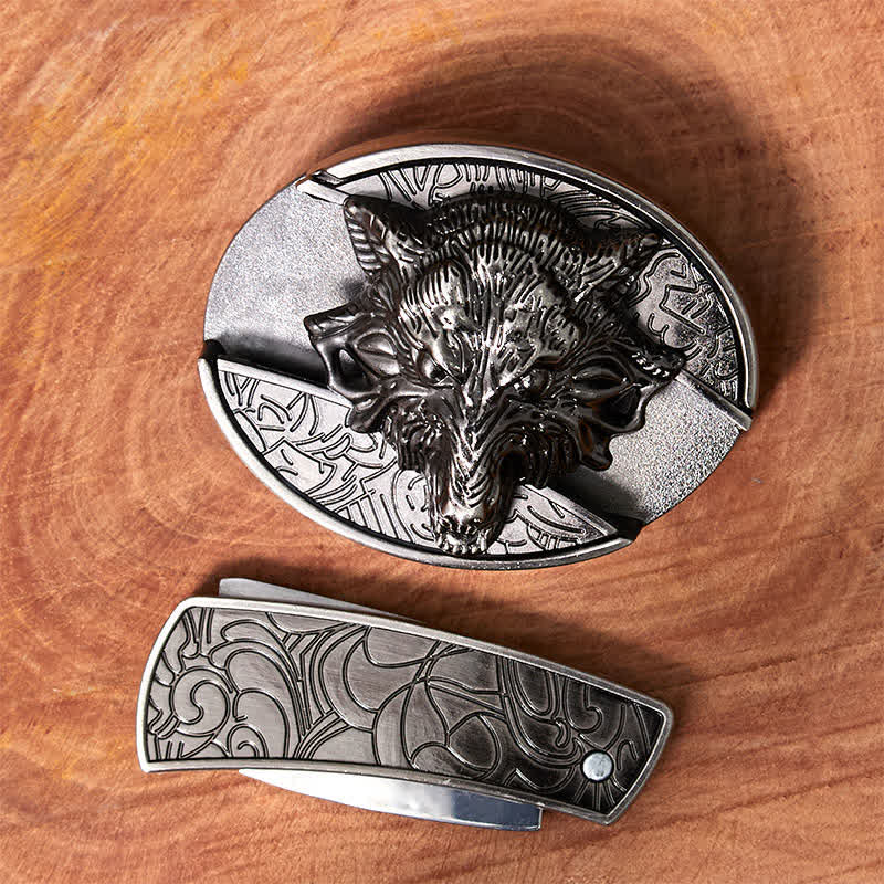 Cintura in pelle con coltello pieghevole nascosto a forma di testa di lupo fai da te da uomo