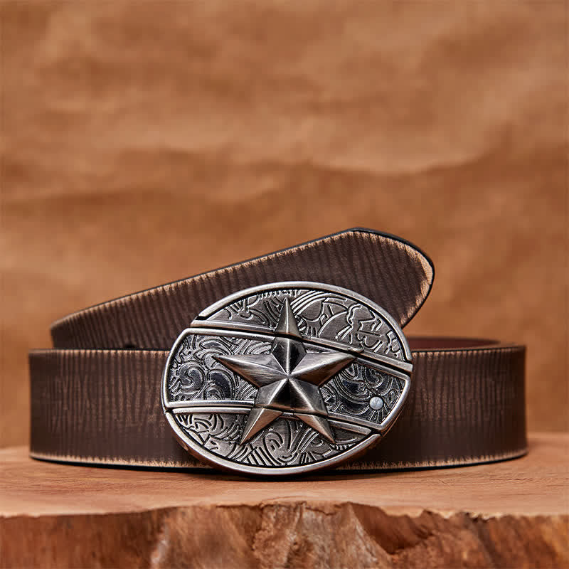 Cintura in pelle con coltello pieghevole nascosto a forma di pentagramma fai da te da uomo - Pentagramma - Cintura marrone anticata - 42 - image 8