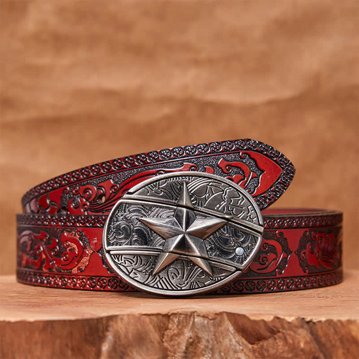 Cintura in pelle con coltello pieghevole nascosto a forma di pentagramma fai da te da uomo - Pentagramma - Cintura marrone intagliata - 42 - image 7