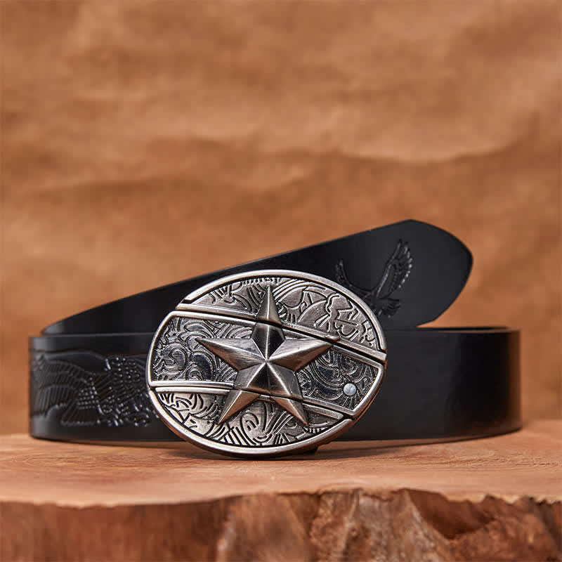 Cintura in pelle con coltello pieghevole nascosto a forma di pentagramma fai da te da uomo - Pentagramma - Cintura con aquila in rilievo nera - 42 - image 6