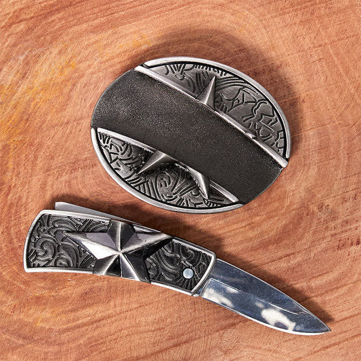 Cintura in pelle con coltello pieghevole nascosto a forma di pentagramma fai da te da uomo - image 1
