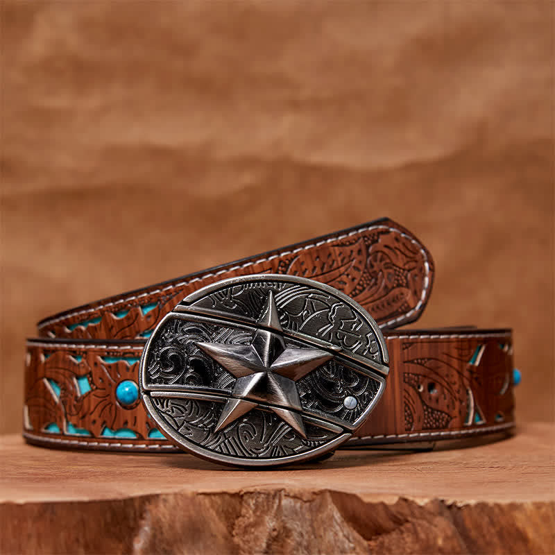 Cintura in pelle con coltello pieghevole nascosto a forma di pentagramma fai da te da uomo - Pentagramma - Cintura intagliata turchese - 42 - image 5