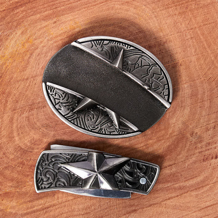 Cintura in pelle con coltello pieghevole nascosto a forma di pentagramma fai da te da uomo - image 3