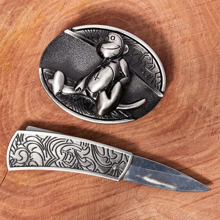 Cintura in pelle con coltello pieghevole nascosto fai da te da uomo a forma di scimmia