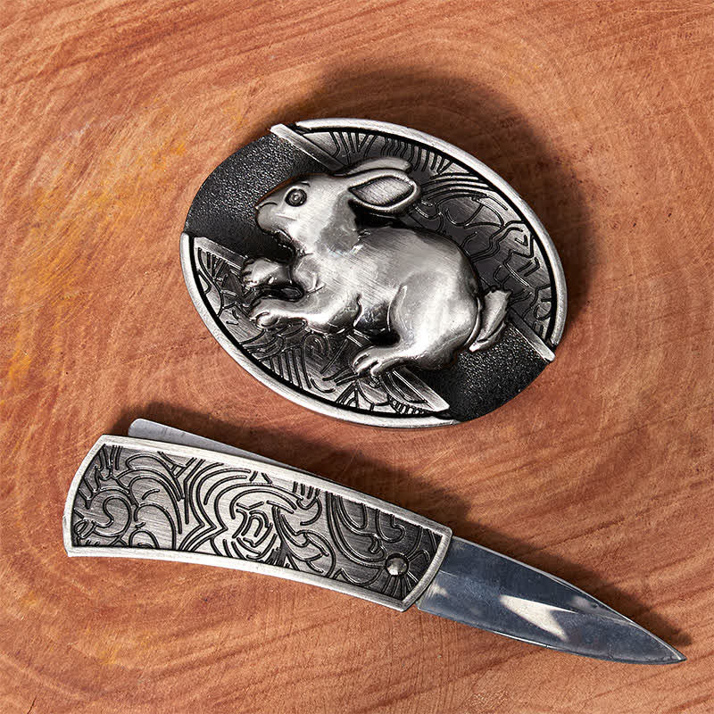 Cintura in pelle con coltello pieghevole nascosto fai da te da uomo a forma di coniglio