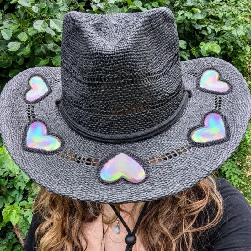 Cappello di paglia da cowgirl con prisma arcobaleno e acchiappasole celeste