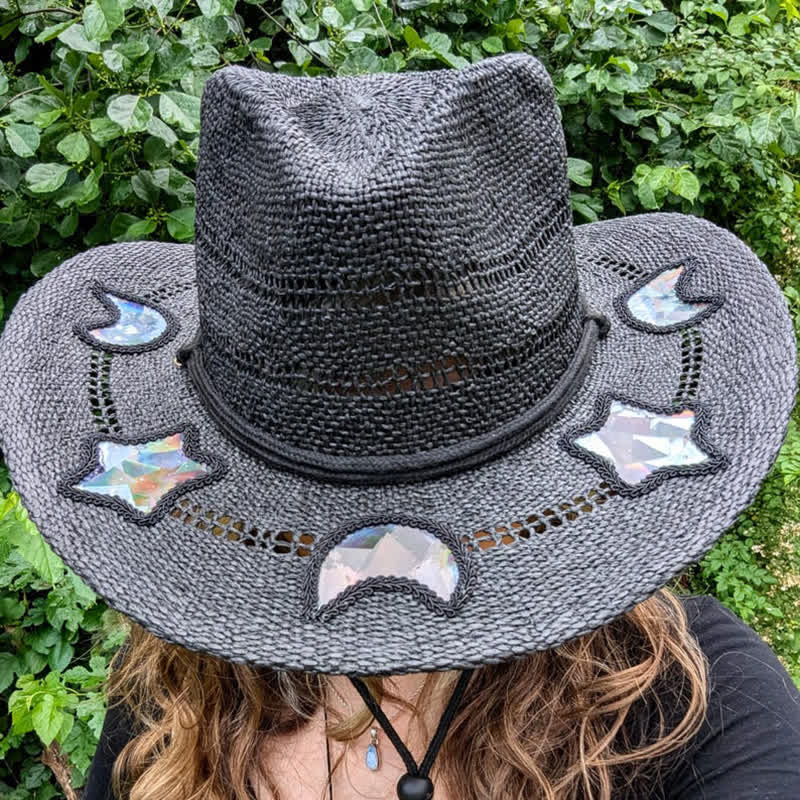 Cappello di paglia da cowgirl con prisma arcobaleno e acchiappasole celeste