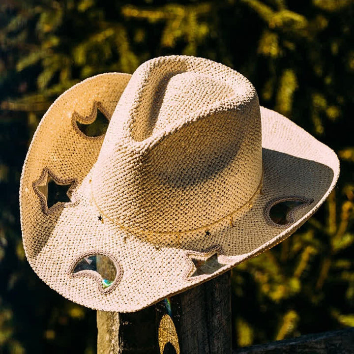 Cappello di paglia da cowgirl con prisma arcobaleno e acchiappasole celeste