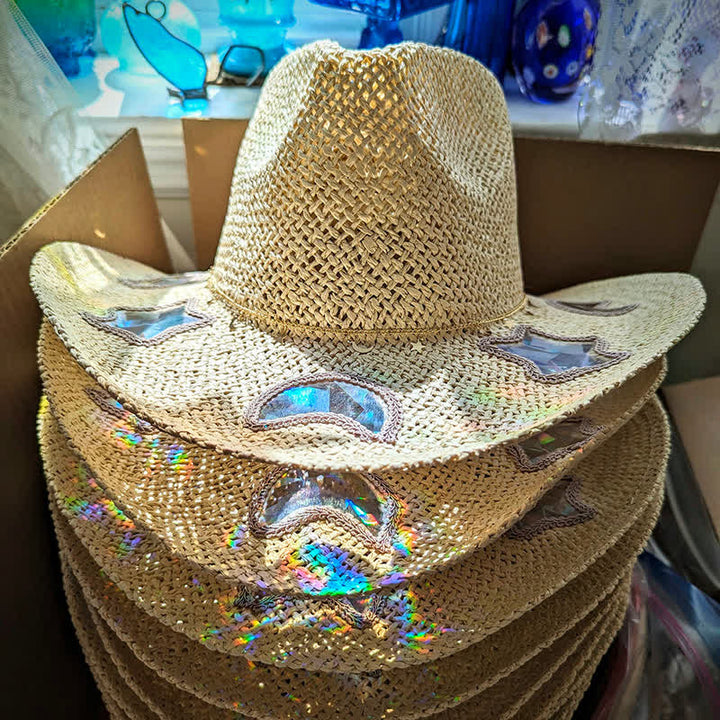 Cappello di paglia da cowgirl con prisma arcobaleno e acchiappasole celeste