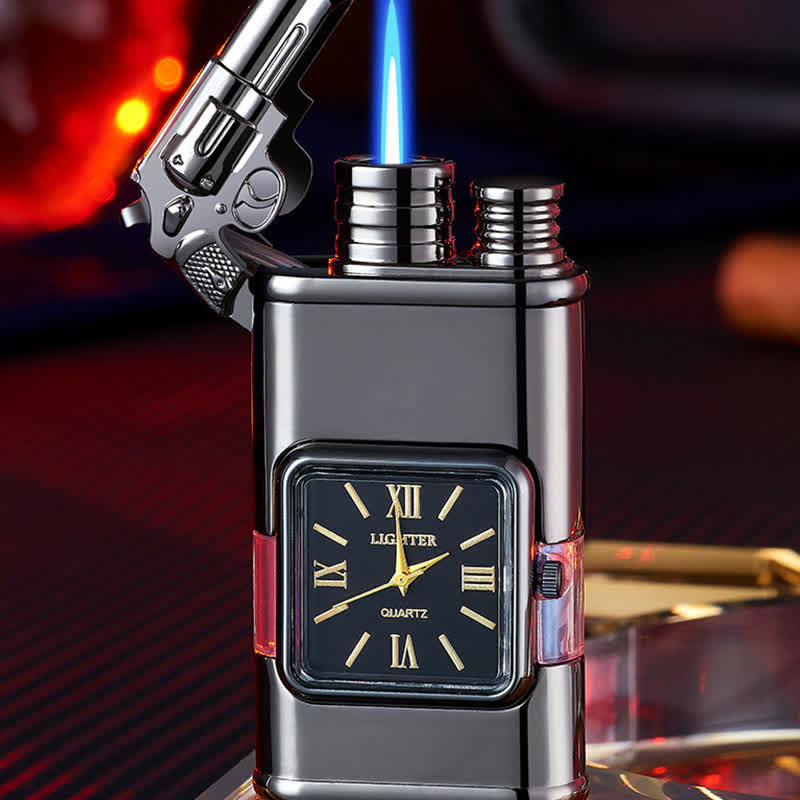 Accendino a butano a doppia fiamma ricaricabile Guns Design con orologio