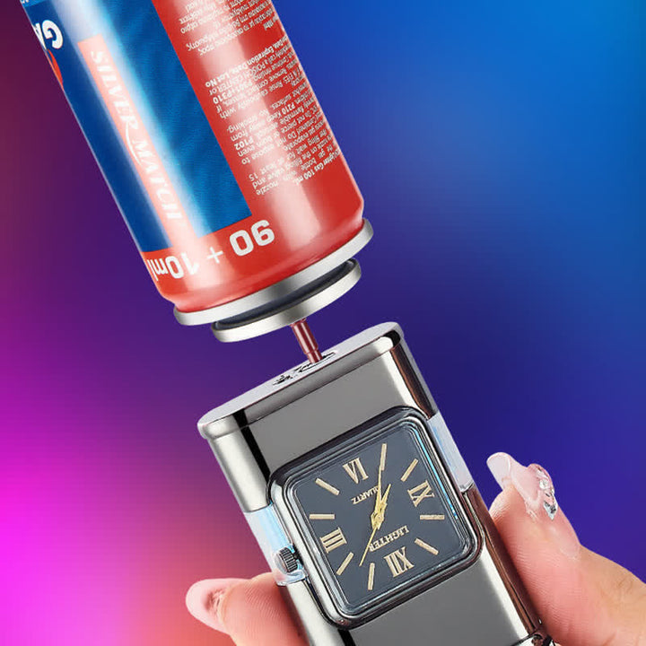 Accendino a butano a doppia fiamma ricaricabile con design a drago e orologio