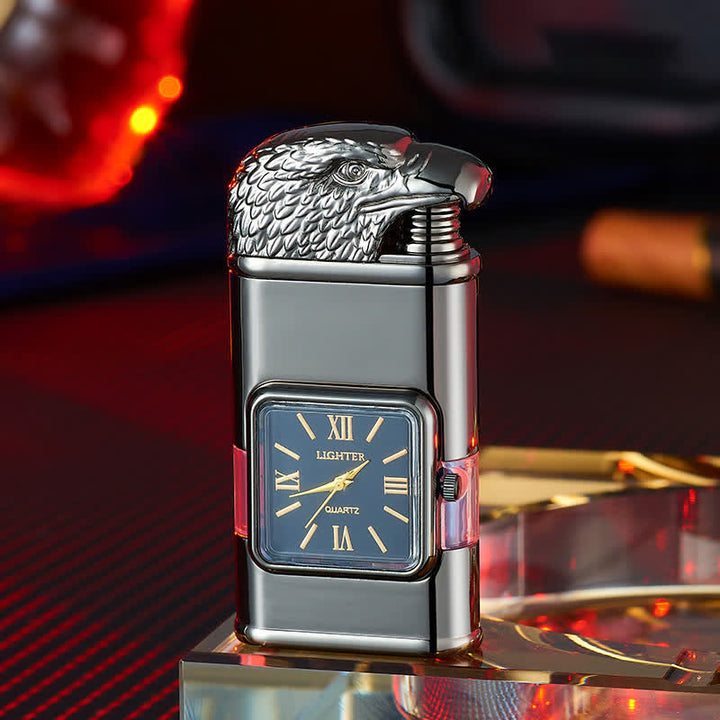 Accendino a butano ricaricabile a doppia fiamma con design a testa d'aquila e orologio