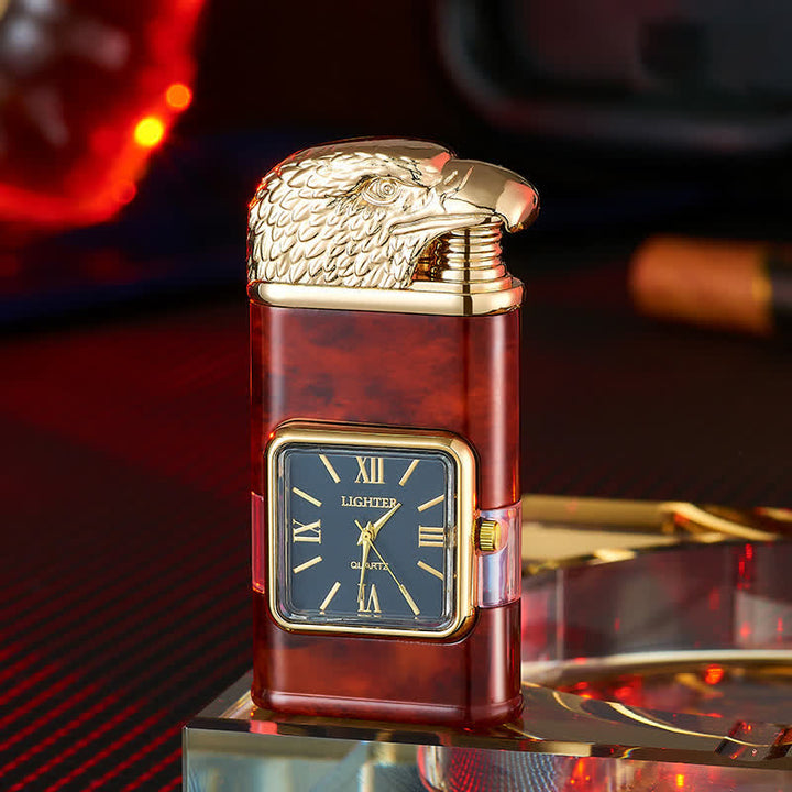 Accendino a butano ricaricabile a doppia fiamma con design a testa d'aquila e orologio