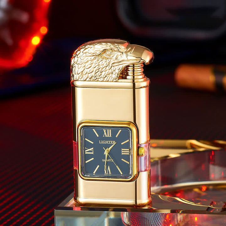 Accendino a butano ricaricabile a doppia fiamma con design a testa d'aquila e orologio