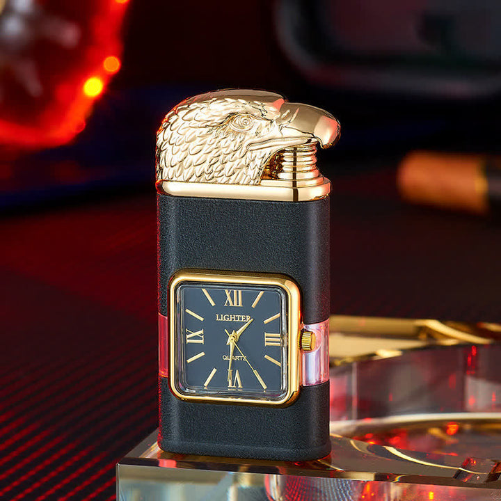 Accendino a butano ricaricabile a doppia fiamma con design a testa d'aquila e orologio