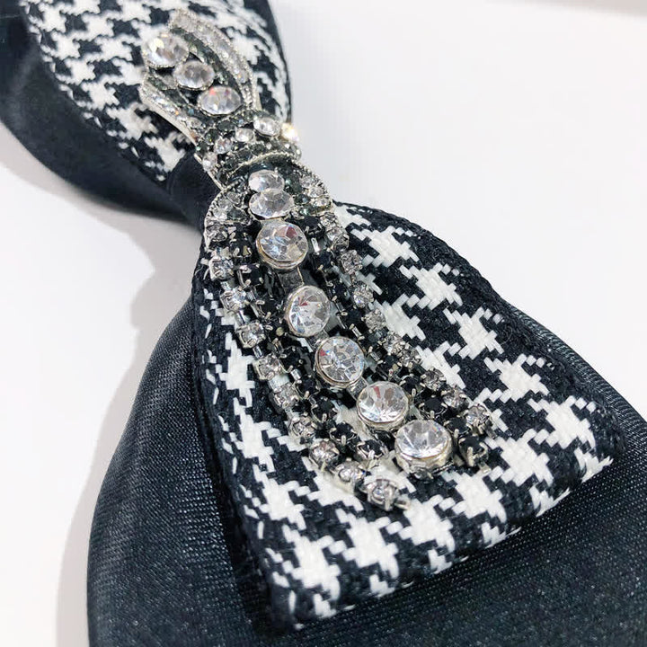 Cravatta creativa a forma di fiocco con strass pied de poule nero