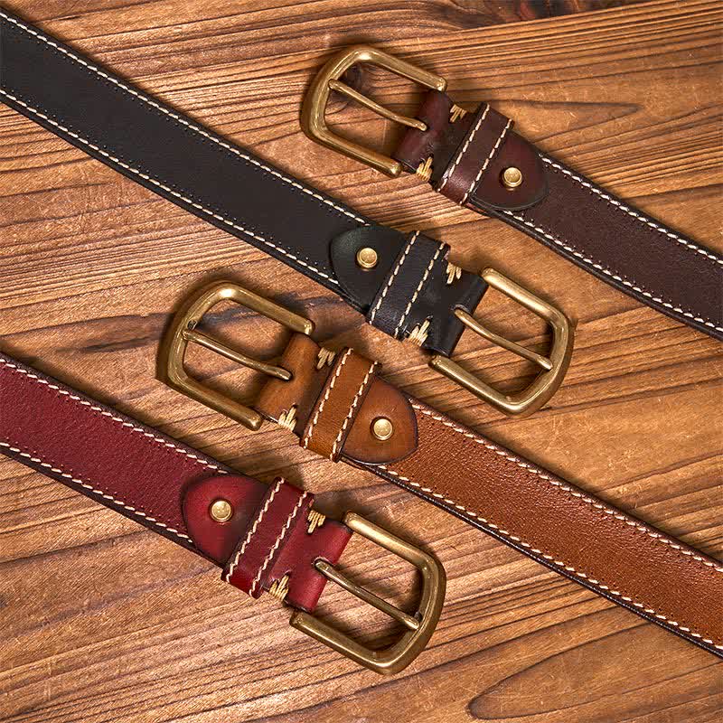 Cintura in pelle di vacchetta cucita di lusso da uomo