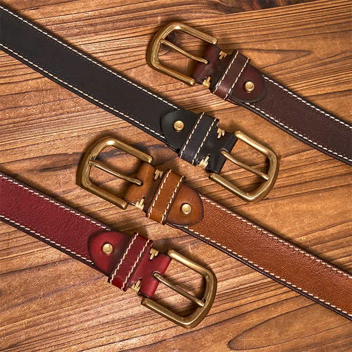 Cintura in pelle di vacchetta cucita di lusso da uomo