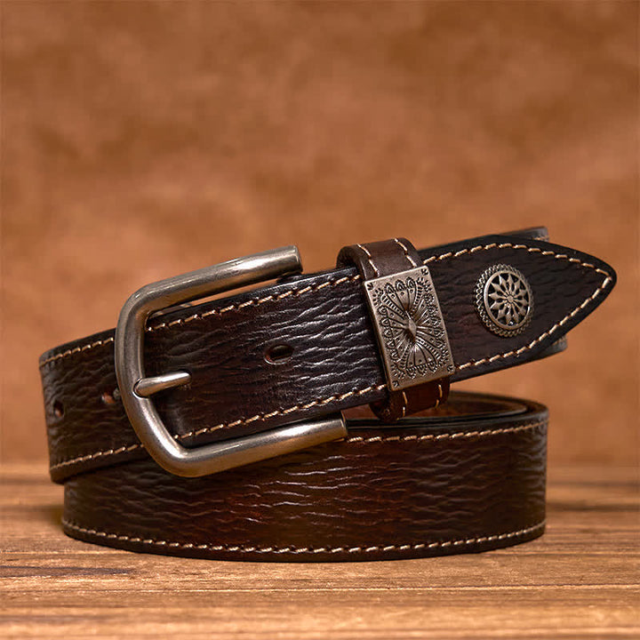 Cintura da uomo in pelle piena fiore con decorazioni vintage a rivetti