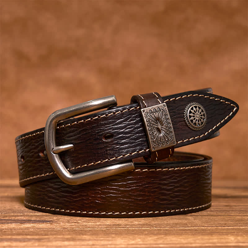 Cintura da uomo in pelle pieno fiore con decorazioni vintage a rivetti - Caffè - 44 - image 0