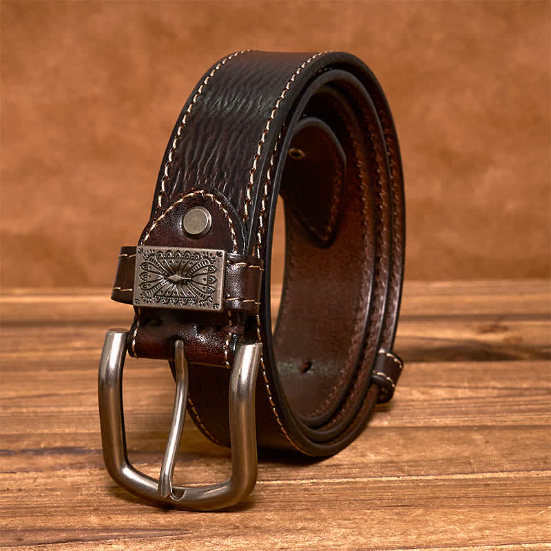 Cintura da uomo in pelle piena fiore con decorazioni vintage a rivetti