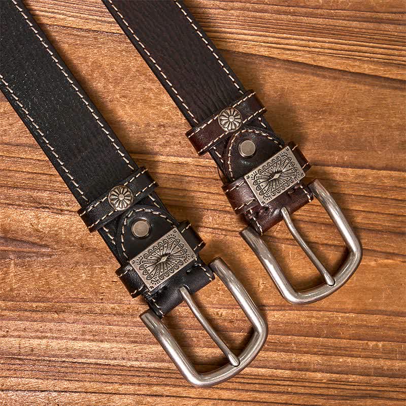 Cintura da uomo in pelle piena fiore con decorazioni vintage a rivetti