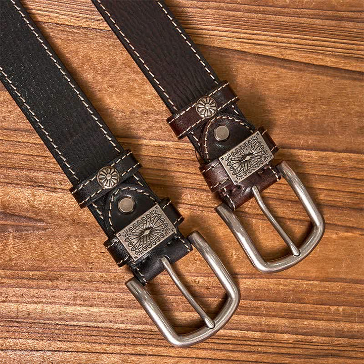Cintura da uomo in pelle piena fiore con decorazioni vintage a rivetti