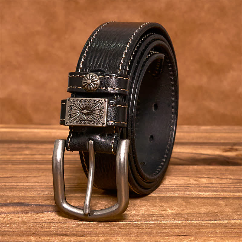 Cintura da uomo in pelle piena fiore con decorazioni vintage a rivetti
