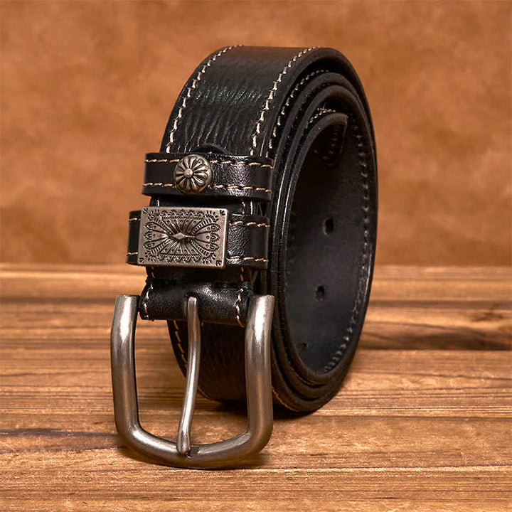Cintura da uomo in pelle piena fiore con decorazioni vintage a rivetti