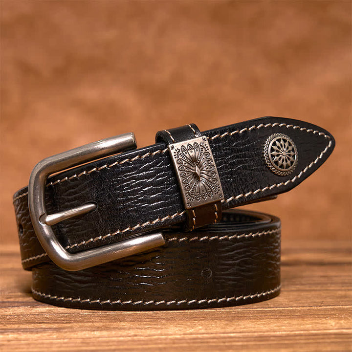 Cintura da uomo in pelle piena fiore con decorazioni vintage a rivetti