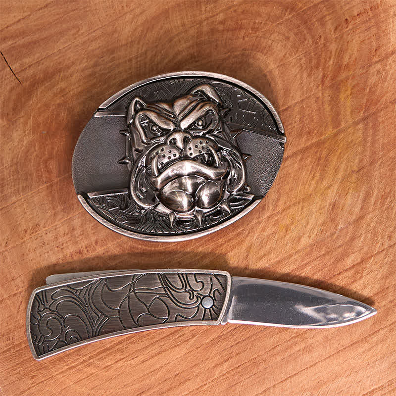Cintura in pelle con coltello pieghevole nascosto "Fierce Dog" fai da te da uomo