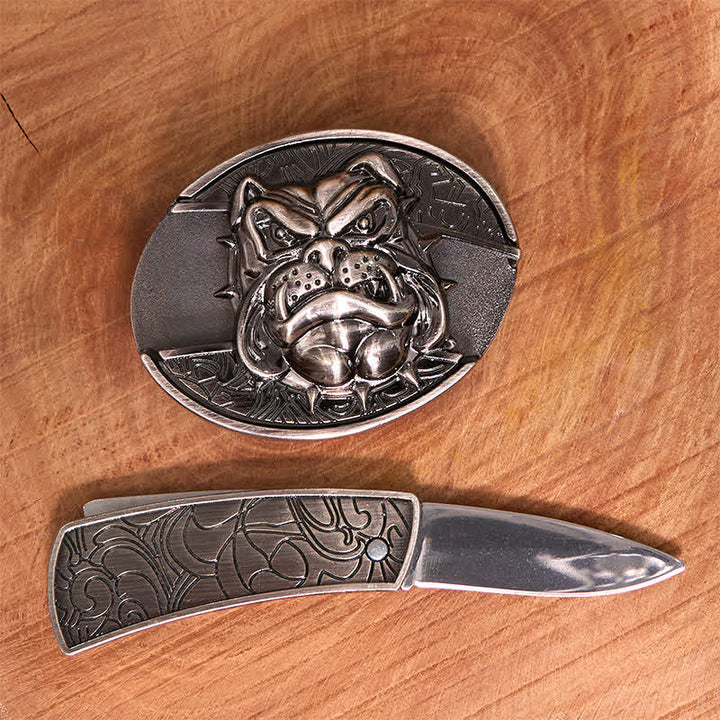 Cintura in pelle con coltello pieghevole nascosto "Fierce Dog" fai da te da uomo