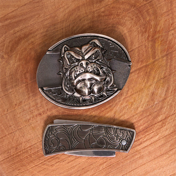 Cintura in pelle con coltello pieghevole nascosto "Fierce Dog" fai da te da uomo