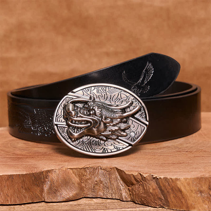 Cintura in pelle con coltello pieghevole nascosto a forma di testa di drago fai da te da uomo - Testa di drago - Cintura con aquila in rilievo nera - 42 - image 7